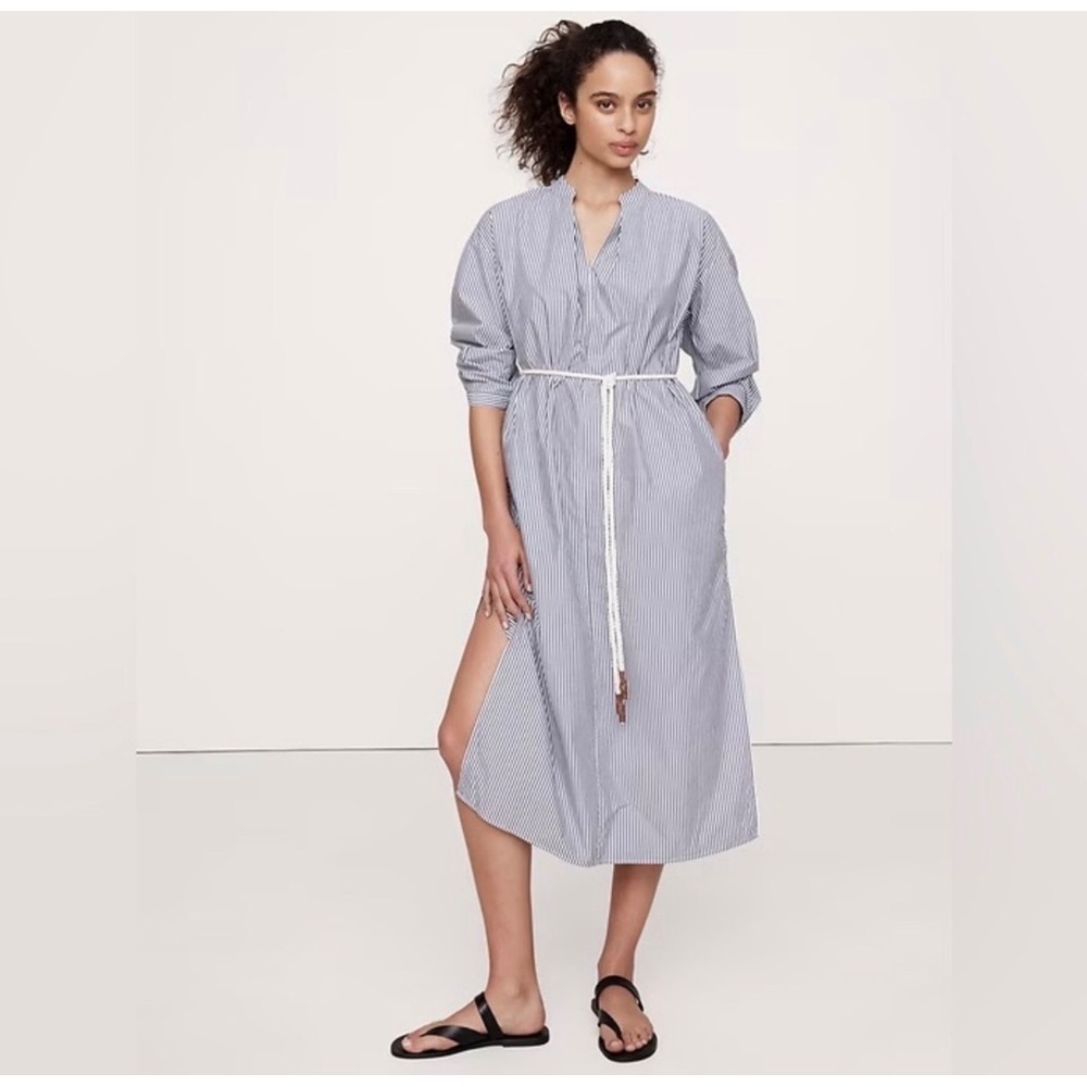 Banana Republic Womens XS Navy White Striped Midi Shirtdress Rope Belt Side Slit